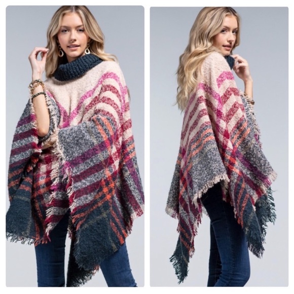 NEW Tara Cozy Boho Plaid Turtleneck Pullover Poncho Fringe - Picture 10 of 14